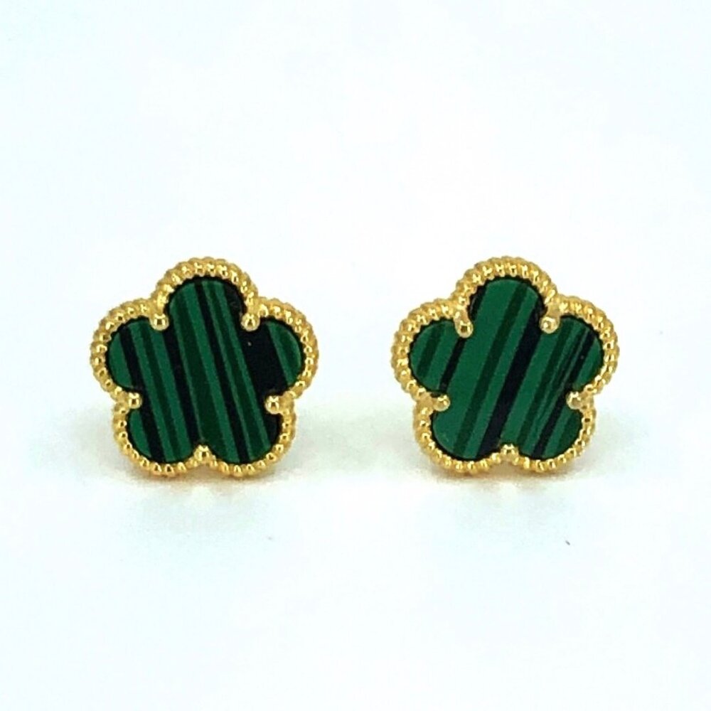 Clover 5 Leave Stud Earrings 18k GP 925 Sterling Silver / Malachite